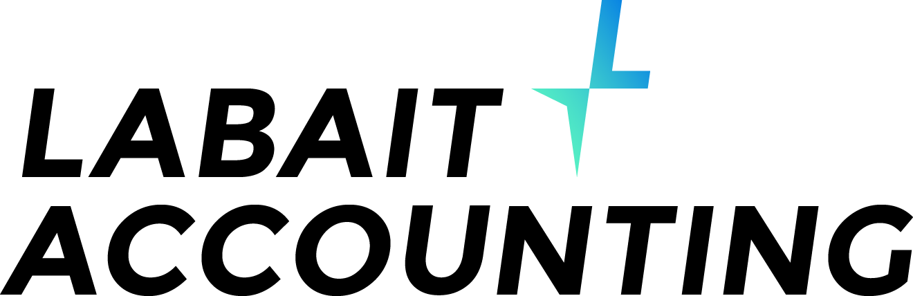 Logo for Labait Accounting, featuring the name of the company in black, and a green-blue gradient northern star on the top right corner. Symbolizing the guidance that the company aims to provide.